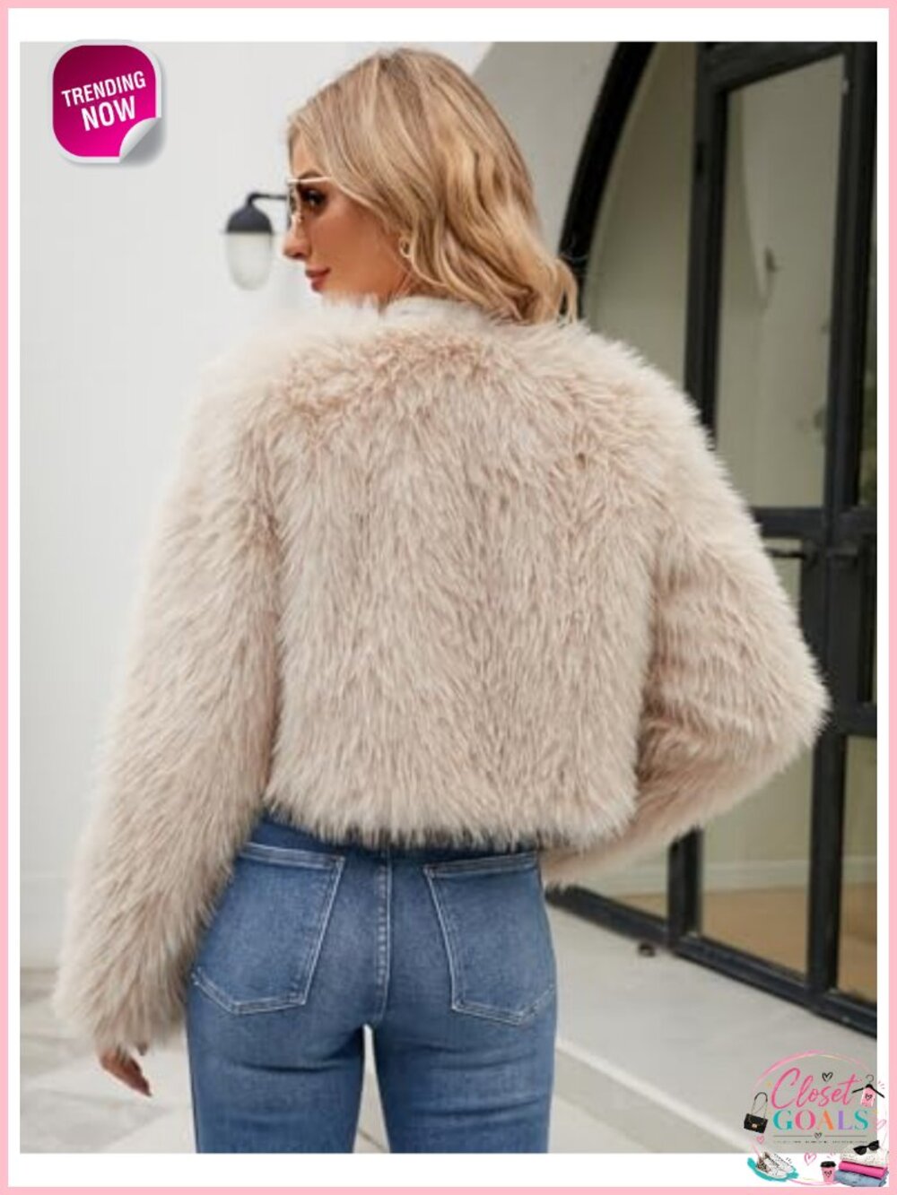Cropped Faux Fur Jacket Long Sleeve Open Front Fuzzy Coat - Picture 5 of 6